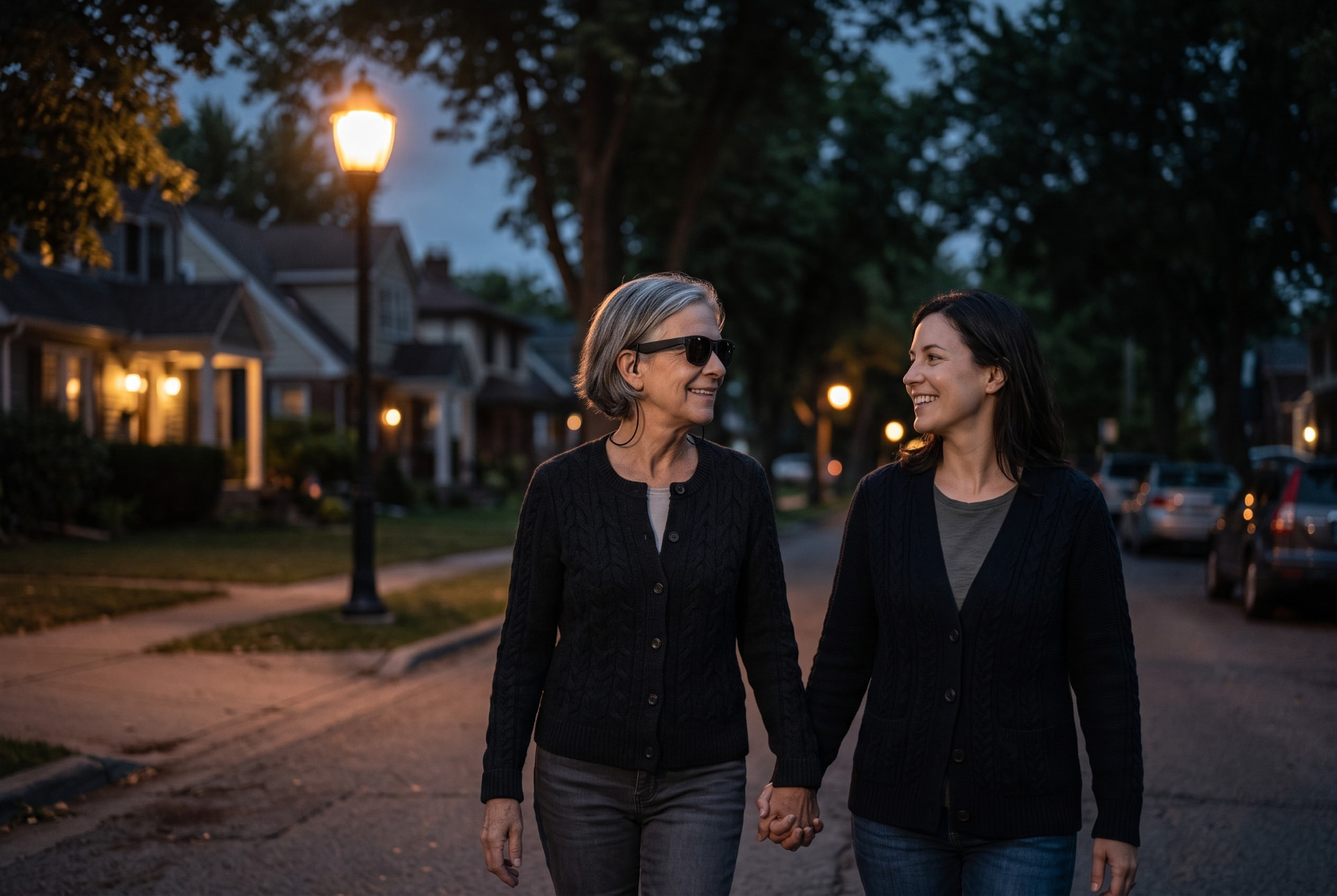 A mother and daughter walking hand in hand in the evening