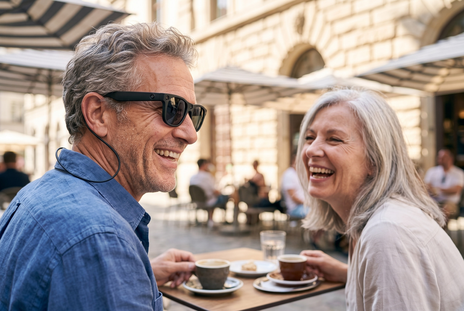 A couple laughing at a sunny cafe, one wearing eyesee glasses