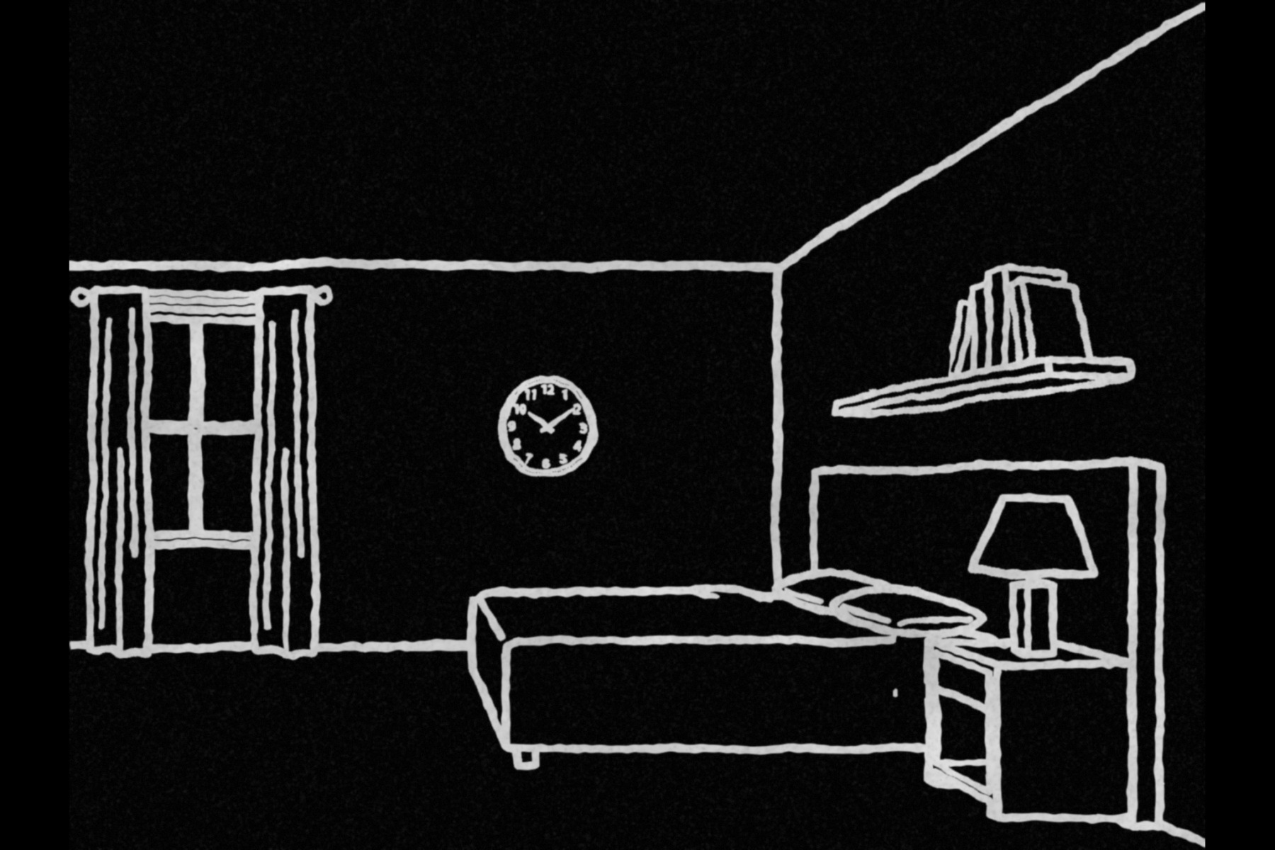 A bedroom drawn as light outlines on black