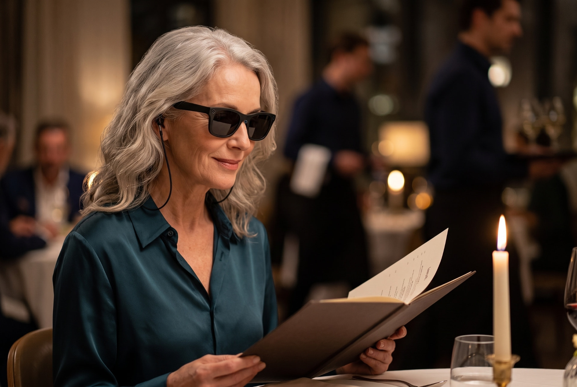 A woman reading a menu in a dim restaurant, wearing eyesee glasses