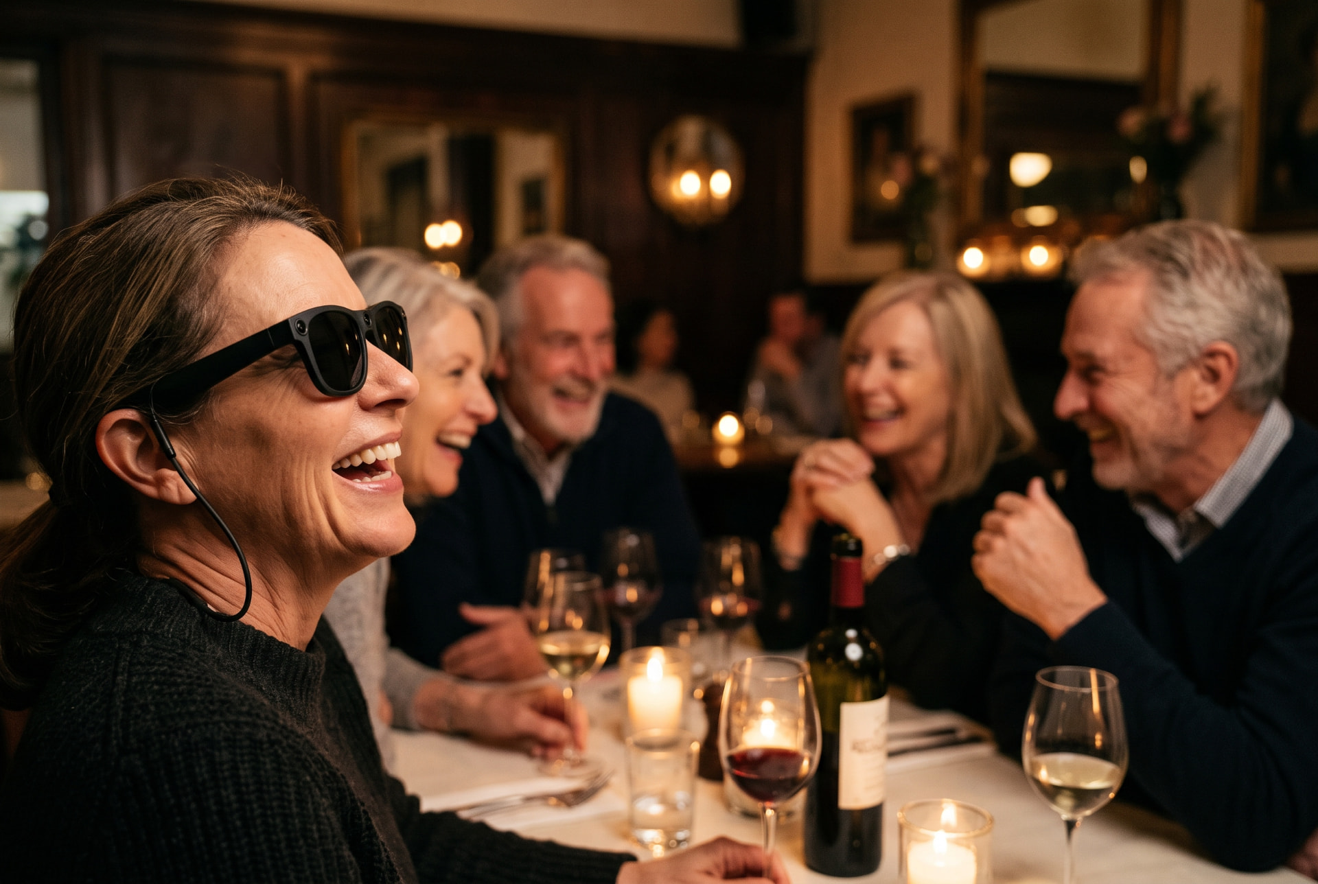 Friends laughing around a candle-lit dinner table, one wearing eyesee glasses