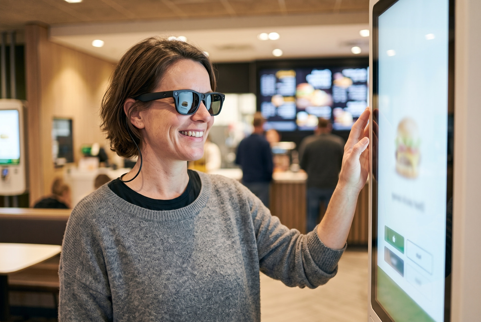 A woman wearing eyesee glasses using a bright ordering kiosk screen