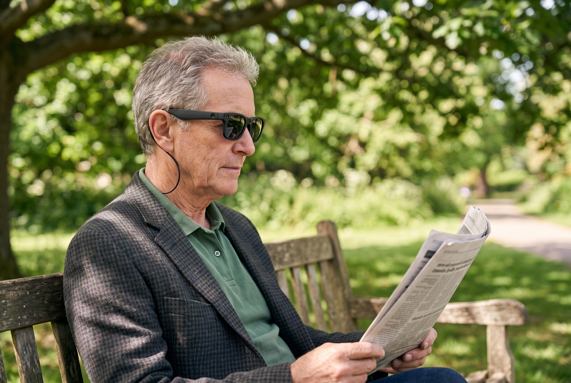A man on a park bench reading a newspaper while wearing eyesee glasses