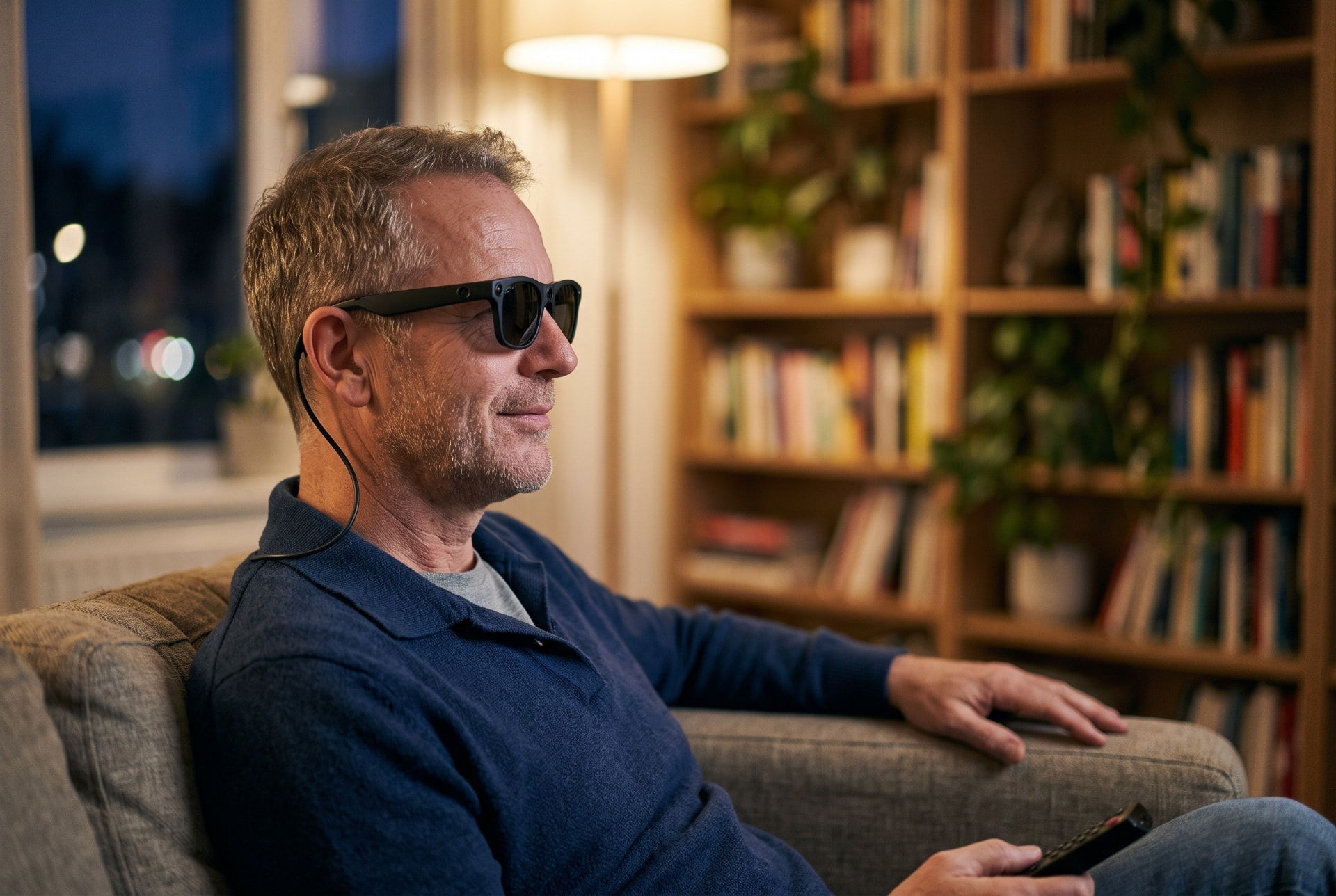 A man wearing eyesee glasses sitting on a sofa watching television in the evening