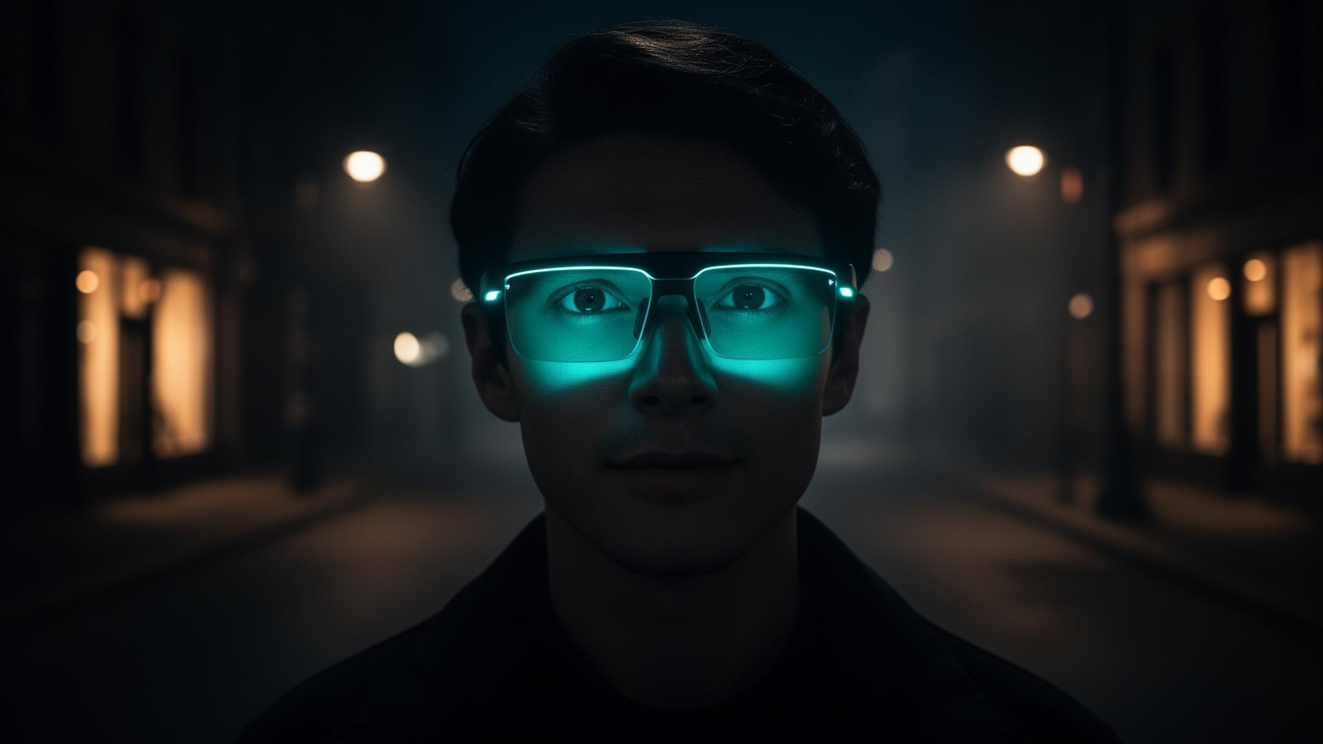 A person wearing eyesee at night on a quiet street, the lenses glowing with a soft cyan light.